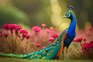 a pavão é uma lindo pássaro este é frequentemente visto dentro jardins e Campos. gerado por IA foto