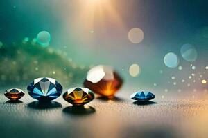diamantes em uma mesa com uma luz brilhando em eles. gerado por IA foto