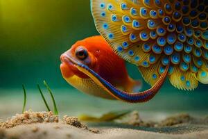 uma peixe com uma azul e laranja cauda. gerado por IA foto