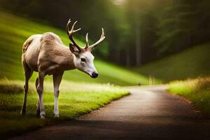 uma veado é em pé em uma estrada dentro a meio do uma campo. gerado por IA foto