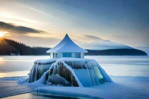 uma pequeno cabana senta em topo do uma congeladas lago. gerado por IA foto
