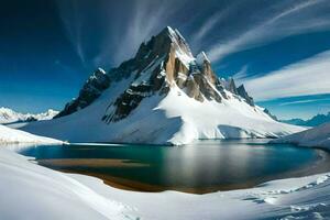 uma montanha lago cercado de neve coberto montanhas. gerado por IA foto