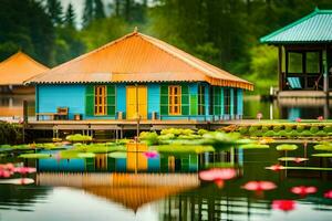 colorida casa em a lago com água lírios. gerado por IA foto