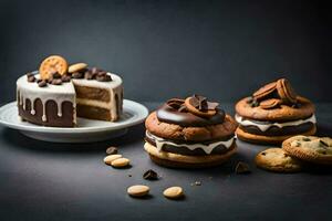 três bolos com chocolate geada e biscoitos. gerado por IA foto