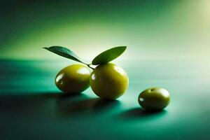 três verde azeitonas com folhas em uma mesa. gerado por IA foto