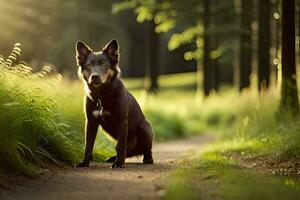uma Preto cachorro sentado em uma caminho dentro a madeiras. gerado por IA foto