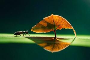 uma folha e formiga estão em pé em a chão. gerado por IA foto