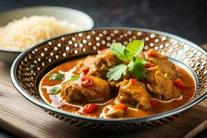 frango Curry dentro uma tigela com arroz e guarnição, enfeite, adorno. gerado por IA foto