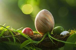 Páscoa ovos dentro uma ninho com verde folhas. gerado por IA foto