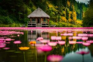 uma cabana é cercado de Rosa lótus flores gerado por IA foto