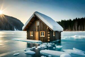 uma pequeno cabine senta em topo do a gelo coberto lago. gerado por IA foto