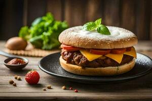 uma Hamburger com queijo, tomates e manjericão em uma placa. gerado por IA foto