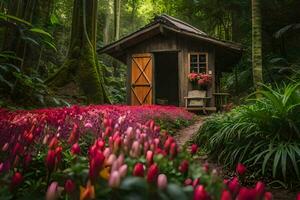 uma pequeno de madeira cabine dentro a meio do uma floresta com Rosa tulipas. gerado por IA foto