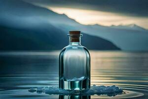uma garrafa do água sentado em a água com montanhas dentro a fundo. gerado por IA foto