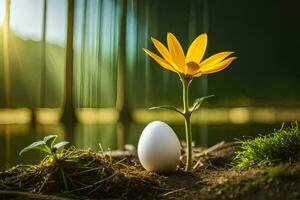 uma branco ovo é sentado em a terra Próximo para uma flor. gerado por IA foto