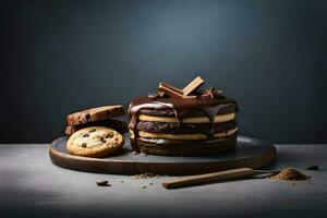 chocolate bolo com biscoitos e chocolate molho. gerado por IA foto