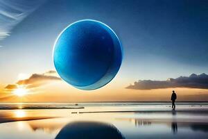 uma homem em pé em a de praia olhando às uma azul esfera. gerado por IA foto