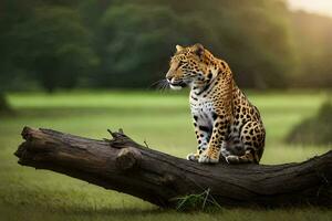 uma leopardo sentado em uma registro dentro a meio do uma campo. gerado por IA foto