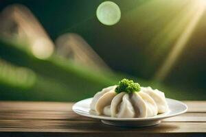 uma prato do dumplings em uma de madeira mesa. gerado por IA foto