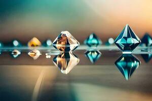 uma grupo do diamantes estão refletido dentro água. gerado por IA foto