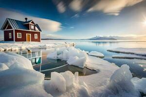 uma vermelho casa senta em a costa do a gelado lago. gerado por IA foto