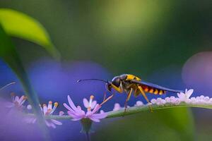 uma vespa é sentado em uma flor. gerado por IA foto