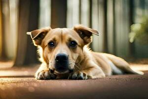 uma cachorro deitado em a terra dentro a madeiras. gerado por IA foto