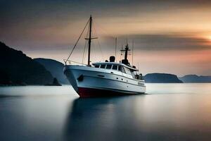 uma barco é Navegando dentro a oceano às pôr do sol. gerado por IA foto