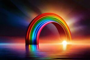 uma arco Iris é brilhando brilhantemente dentro a escuro. gerado por IA foto