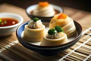 três pequeno dumplings dentro uma tigela com molho. gerado por IA foto