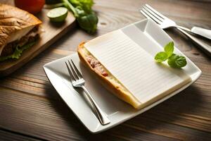 uma sanduíche com presunto e queijo em uma placa. gerado por IA foto