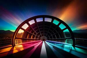 uma futurista túnel com colorida luzes. gerado por IA foto
