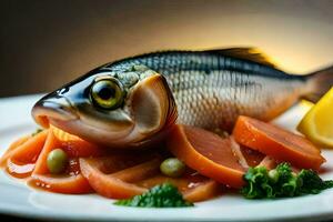 uma peixe é sentado em uma prato com legumes. gerado por IA foto