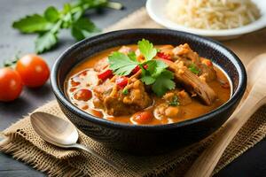 frango Curry dentro uma tigela com arroz e legumes. gerado por IA foto