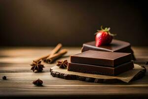 chocolate bares com morangos e canela em uma de madeira mesa. gerado por IA foto