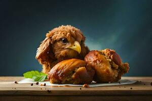 uma frango é sentado em topo do uma prato com alguns rosquinhas. gerado por IA foto