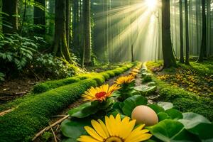 luz solar brilhando através a floresta e flores gerado por IA foto