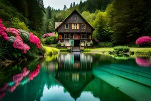 uma casa é refletido dentro a água do uma lago. gerado por IA foto