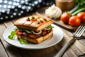 grelhado frango sanduíche em uma branco prato com tomates e ervas. gerado por IA foto