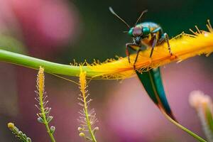 uma colorida inseto senta em uma verde tronco. gerado por IA foto