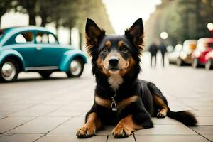 uma cachorro sentado em a terra dentro frente do uma carro. gerado por IA foto