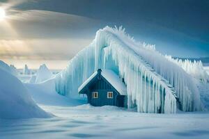 uma pequeno casa é coberto dentro gelo e neve. gerado por IA foto