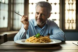 uma homem é comendo espaguete em uma placa. gerado por IA foto