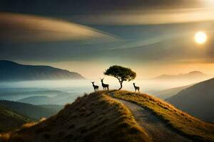 foto papel de parede a céu, árvores, animais, montanhas, a sol, a céu, a montanhas. gerado por IA