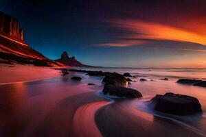 uma lindo pôr do sol sobre a oceano com pedras e pedras. gerado por IA foto