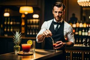 uma barman é preparando uma coquetel às uma bar. gerado por IA foto