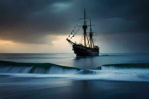 uma Navegando navio dentro a oceano debaixo uma tormentoso céu. gerado por IA foto