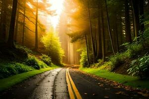 uma estrada dentro a floresta com Sol brilhando através a árvores gerado por IA foto