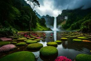 a cascata é cercado de verde plantas e flores gerado por IA foto