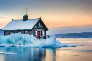 uma pequeno cabine senta em topo do a iceberg. gerado por IA foto